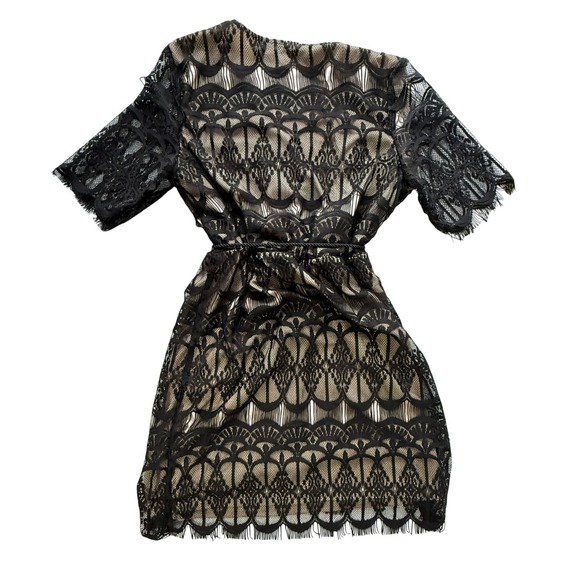 Tacera Black Lace Dress Womens Large Nude Lined Cocktail Party Belted - Picture 10 of 10